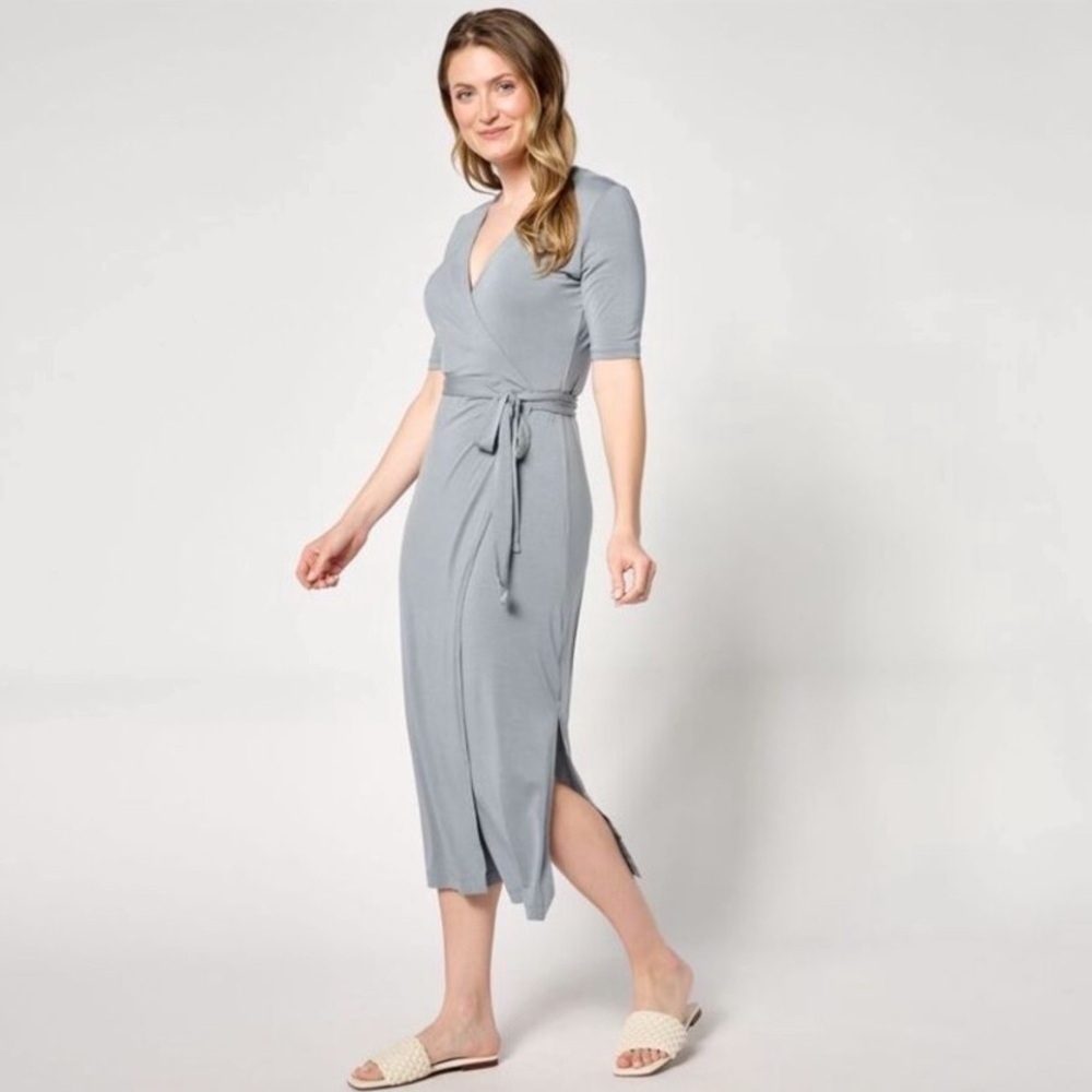 Barefoot Dreams Luxe Milk Jersey 3/4 Sleeve Wrap Dress Light Blue Size 1X